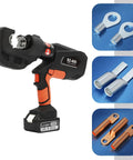 Heavy Duty Electric Hydraulic Crimping Pliers Rechargeable Cordless Cable Lug Crimper With 12 Piece Die Set For Copper And Aluminum Terminals, showing tool and various dies.