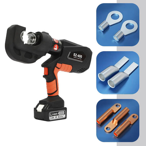 Heavy Duty Electric Hydraulic Crimping Pliers Rechargeable Cordless Cable Lug Crimper With 12 Piece Die Set For Copper And Aluminum Terminals, showing tool and various dies.
