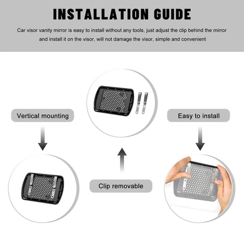 Installation guide for 2 Pack Clip On Car Sun Visor Vanity Mirror 6.57 Inch By 4.33 Inch HD Glass Makeup Mirror showing vertical mounting and clips