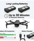 Foldable Mini Drone with two long-lasting batteries and charging cable, showcasing 30-minute flight capability, for beginners.