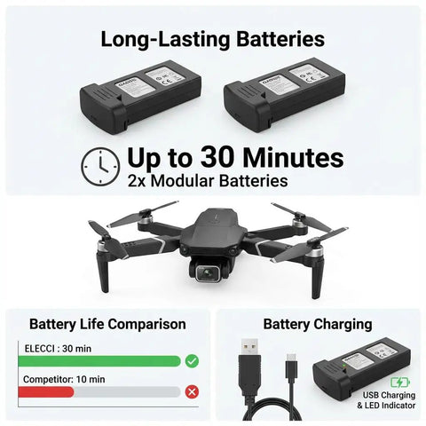 Foldable Mini Drone with two long-lasting batteries and charging cable, showcasing 30-minute flight capability, for beginners.
