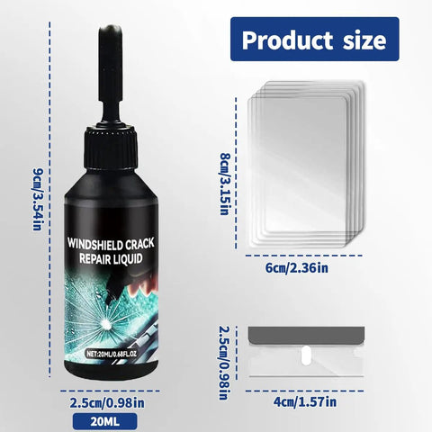 Windshield Crack Repair Kit Pro 2025 Premium Glass Repair System With Quick Fix Resin 20ml bottle with applicator, razor blade, and resin sheets