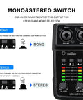 Mono & Stereo switch on M12 USB Audio Interface With 2 Channel Mixer XLR And 3.5mm Input 48V Phantom Power Sound Card