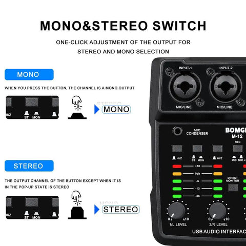 Mono & Stereo switch on M12 USB Audio Interface With 2 Channel Mixer XLR And 3.5mm Input 48V Phantom Power Sound Card