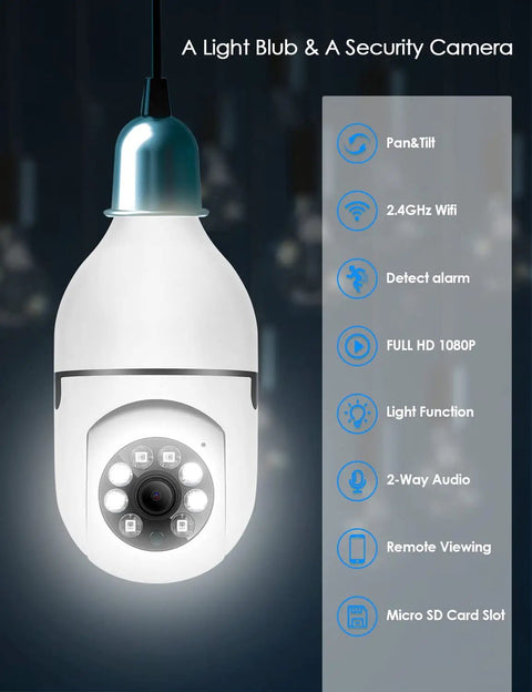 Light Bulb Security Camera With 1080P Full HD, 360 Degree Panoramic View, 2.4Ghz Wireless WiFi, Infrared Night Vision, Motion Detection features