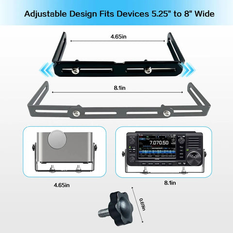 Adjustable Universal Car CB Radio Mount Bracket for Ham Transceivers and Scanners with dimensions and knob close-up