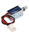 Open Frame Popup Solenoid Door Lock For Tiny To Small Doors Dope Compact Electromagnetic Lock In Plastic And Metal Five To Twelve Volt DC Operation Two To Five Millimeter Stroke Easy Install And Secure Access, with wires and connector