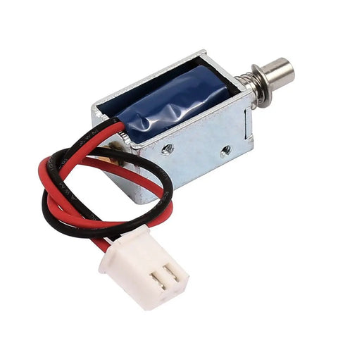 Open Frame Popup Solenoid Door Lock For Tiny To Small Doors Dope Compact Electromagnetic Lock In Plastic And Metal Five To Twelve Volt DC Operation Two To Five Millimeter Stroke Easy Install And Secure Access, with wires and connector