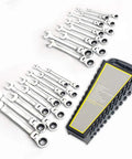 22 Piece Flex Head Ratcheting Wrench Set With SAE And Metric Sizes In Chrome Vanadium Steel displayed with carrying case