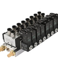 Eight Port Pneumatic Solenoid Valve Set with Two Position Five Way Base Muffler Quick Fittings PT One Eighth Inch DC Twenty Four Volt Solenoid Pack