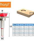 Hinge hole opener drill bit for wood with red top and depth-scale shaft; size chart and wooden block with holes.