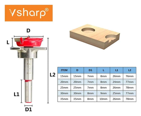 Hinge hole opener drill bit for wood with red top and depth-scale shaft; size chart and wooden block with holes.