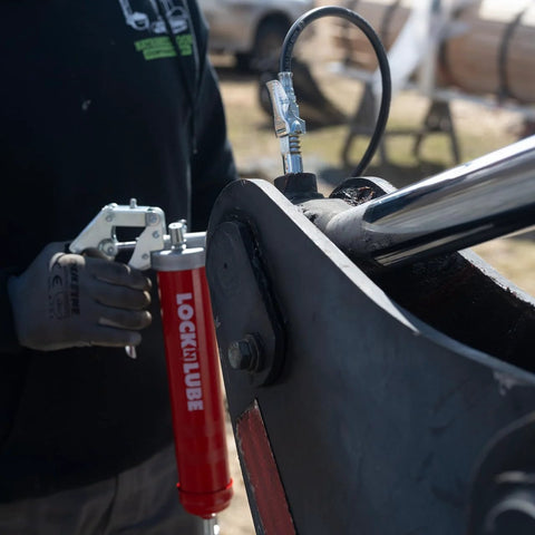 Heavy Duty Pistol Grip Grease Gun With Patented LockNLube Coupler Locks On And Does Not Leak, 20 Inch Hose With Inline Swivel, used on machinery