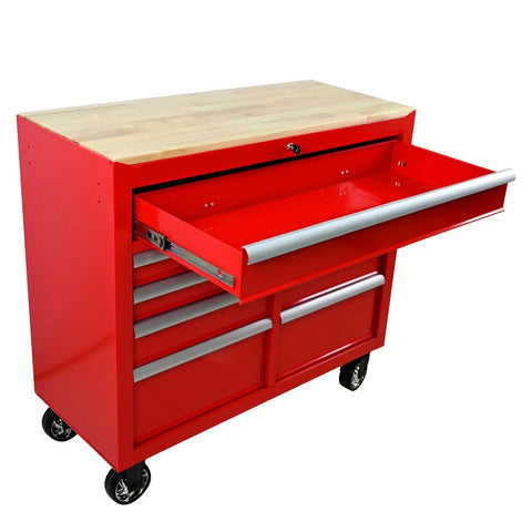 9 Drawer Rolling Tool Chest With Wheels And Wooden Top, 42 Inch Steel Tool Box For Garage, Shop, And Warehouse Red Built Tough Mobile Tool Storage For Heavy Duty Organization And Quick Access. Red steel rolling tool chest with wooden top and open drawer