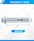 20 Pack 1/2 x 3-Inch Sleeve Anchors for Concrete, Masonry and Brick with Hex Head, Zinc Plated, shown with dimensions