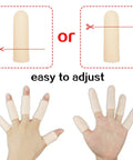 Gel Finger Cots 14 Piece Set, illustrating adjustable nude gel sleeves fitting on fingers, displaying all day comfort and versatility.