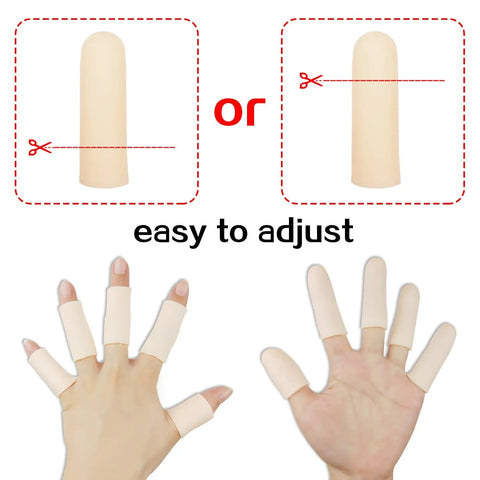 Gel Finger Cots 14 Piece Set, illustrating adjustable nude gel sleeves fitting on fingers, displaying all day comfort and versatility.