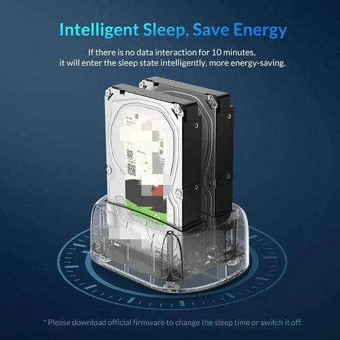 Heavy Duty Dual Bay External Hard Drive Enclosure Type C To Sata 3.1 with two drives in transparent housing.