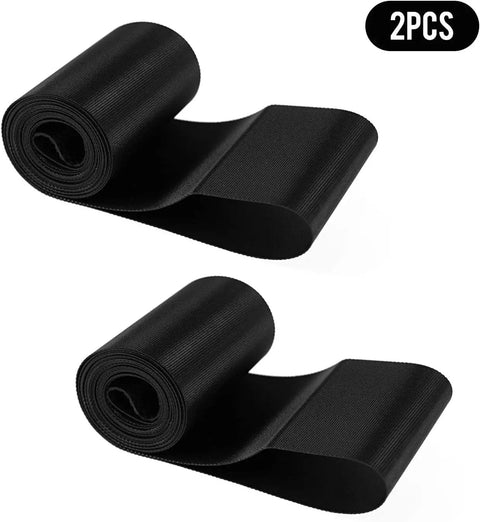 Two black PVC strips, rolled, labeled '2PCS' for Fat Tire Bike Rim Strips For 20x4.0 Inch Rims Rim Tape PVC Inner Tube Protector.