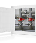 12x12 Inch Waterproof PVC Wall Access Panel With Reinforced Hinged Door For Drywall And Ceiling Great For Plumbing And Wiring And Cables DIYers Paintable White, showing open panel with visible pipes.