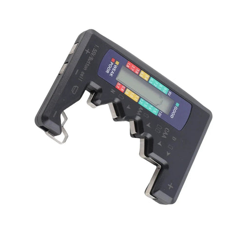 Color LCD Battery Checker With Three Color Readouts For AA AAA C D 9V And 1.5V Cells Handy Home Battery Tester And Capacity Meter For Rechargeables Or Alkaline Batteries black handheld tester angled view
