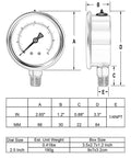 Front and side views of UHARBOUR glycerin-filled vacuum pressure gauge, 2.5-inch dial, 1/4 NPT bottom connection.
