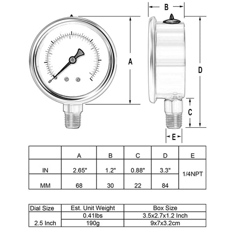 Front and side views of UHARBOUR glycerin-filled vacuum pressure gauge, 2.5-inch dial, 1/4 NPT bottom connection.