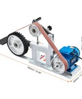 Badass Belt Grinder Sander With Slick Variable Speed VFD Drive And 2Hp Motor For 72X2 Inch Belts on bench with motor and sanding belt.