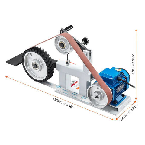 Badass Belt Grinder Sander With Slick Variable Speed VFD Drive And 2Hp Motor For 72X2 Inch Belts on bench with motor and sanding belt.