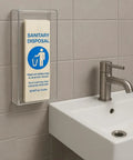 Wall-mounted dispenser with Bulk 1000 Count Sanitary Disposal Bags For Feminine Hygiene 4x2x9 Inches next to sink.