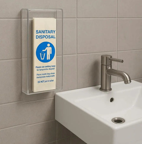 Wall-mounted dispenser with Bulk 1000 Count Sanitary Disposal Bags For Feminine Hygiene 4x2x9 Inches next to sink.