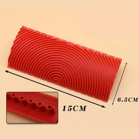 Two Piece Rock Solid Faux Wood Grain Roller Kit For Super Smooth Wall And Furniture Texture Painting With Durable Rubber Design Stamping Tools. Red rubber stamp with wave patterns, measures 15cm by 6.5cm.