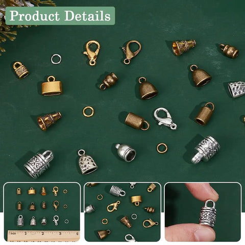 All-in-One Leather End Caps Kit for Jewelry Making with vintage gold and silver tube ends, lobster clasps, and jump rings