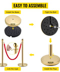 Assembly steps for Velvet Rope Stanchion Set With Gold Posts And Ball Tops, showing base, bolt tightening, and linking red rope.