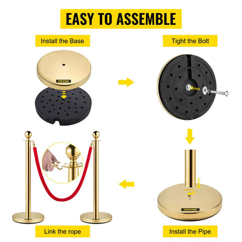 Assembly steps for Velvet Rope Stanchion Set With Gold Posts And Ball Tops, showing base, bolt tightening, and linking red rope.