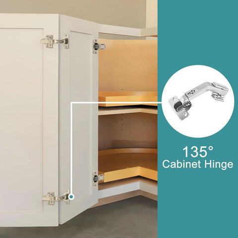 Heavy Duty Corner Cabinet Hinges 4 Pack Featuring 135 Degree Lazy Susan Bifold Hardware 35Mm Cup Base For Kitchen visible on a corner cabinet.