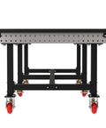 Industrial Mobile Welding Table With Precision Laser Cut Grid And Smooth Locking Casters For Easy Shop Rolling, front view with red locking casters.