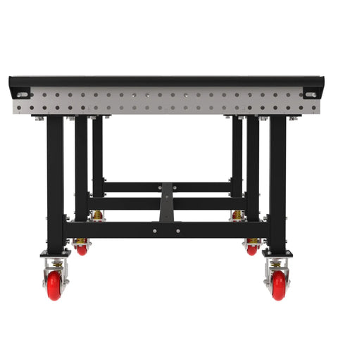 Industrial Mobile Welding Table With Precision Laser Cut Grid And Smooth Locking Casters For Easy Shop Rolling, front view with red locking casters.