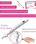 Front view of GLUCO-CARE 0.5 ml syringe, 30G x 5/16 in (8 mm) with box of 100 syringes and clear scale marks.
