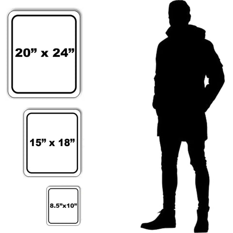 Three sizes of Golf Swing Analyzer Area Caution Sign Yellow And Black Aluminum Composite Durable Weather Resistant Indoor Outdoor Use 8.5 By 10 Inches Three Size Options Tough As Nails shown next to a silhouette for scale.