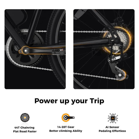 Close-up of EB5 1000W electric bike chainring and AI sensor highlighting gear and pedaling features.
