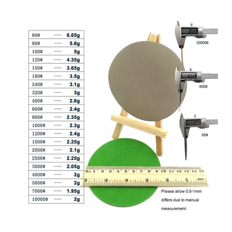 Grab These 30 Pcs 4 Inch Silicon Carbide Sanding Discs With Hook And Loop Back For Smooth Polishing And Heavy Duty Prep Jobs Across All Grit Levels From Rough To Razor Sharp Finish displayed with weight chart and measurement tools.