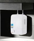 Compact Electric Hot Water Heater Featuring Instant Mini Storage Boiler 1500W mounted under a kitchen counter.