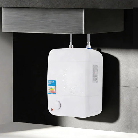 Compact Electric Hot Water Heater Featuring Instant Mini Storage Boiler 1500W mounted under a kitchen counter.
