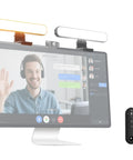 Bi Color Dual Monitor Light Bar With Stands For Home Office And Zoom Calls USB Powered LED Desk Lamp Dimmable By Remote Or Touch Perfect For Laptop Or PC Streaming Model L10 shown on a computer monitor with remote control