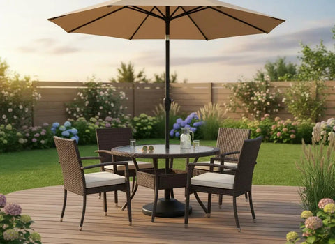 Fillable Weighted Round Umbrella Base For Patio Tables Heavy Duty Weatherproof Stand With 18 Inch Diameter And 11.5 Inch Tall Steel Stem Fits Poles From 1.5 To 2 Inches Made In USA