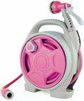 Portable Hose Reel For Outdoor Use, 50Ft Garden Hose Reel With Six Pattern Spray Nozzle, Lightweight, No Tangle Or Kink, Pink Design