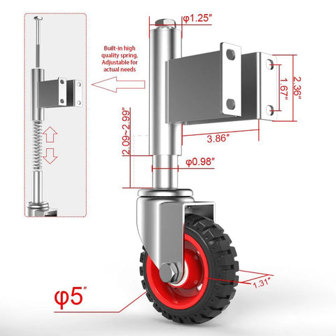 Spring Loaded Gate Casters 5 Inch Rubber Tire Heavy Duty Gate Caster Wheels With Hardware For Wooden Gates Metal Gates Fence Gates And Swing Gates Supports Up To 400 Lbs Per Caster With Durable Bearings And Long Mounting Plate.