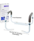 Heavy Duty White Steel Toilet Safety Rail Bathroom Grab Bar With Adjustable Width Support Frame, 16.5-19.5 inches, 1 inch diameter.