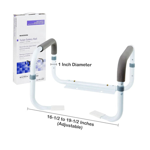 Heavy Duty White Steel Toilet Safety Rail Bathroom Grab Bar With Adjustable Width Support Frame, 16.5-19.5 inches, 1 inch diameter.